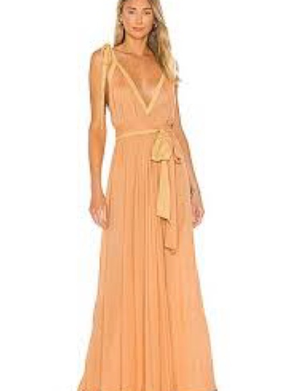Indah Peach V-Neck Tie-Shoulder Pleated Maxi Dress